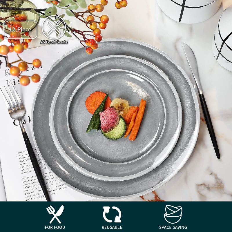 Webbylee Melamine Dinnerware Set - 12pcs Dishes Dinnerware Set for 4, Indoor and Outdoor use, Dishwasher Safe, Break-resistant, Lightweight, Gray - Image 4